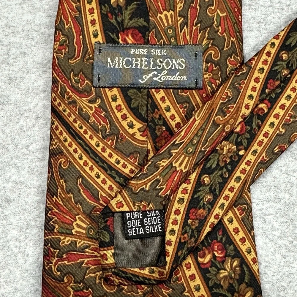 Vintage Michelsons‎ of London Pure Silk Paisley Tie Made in England Brown Gold